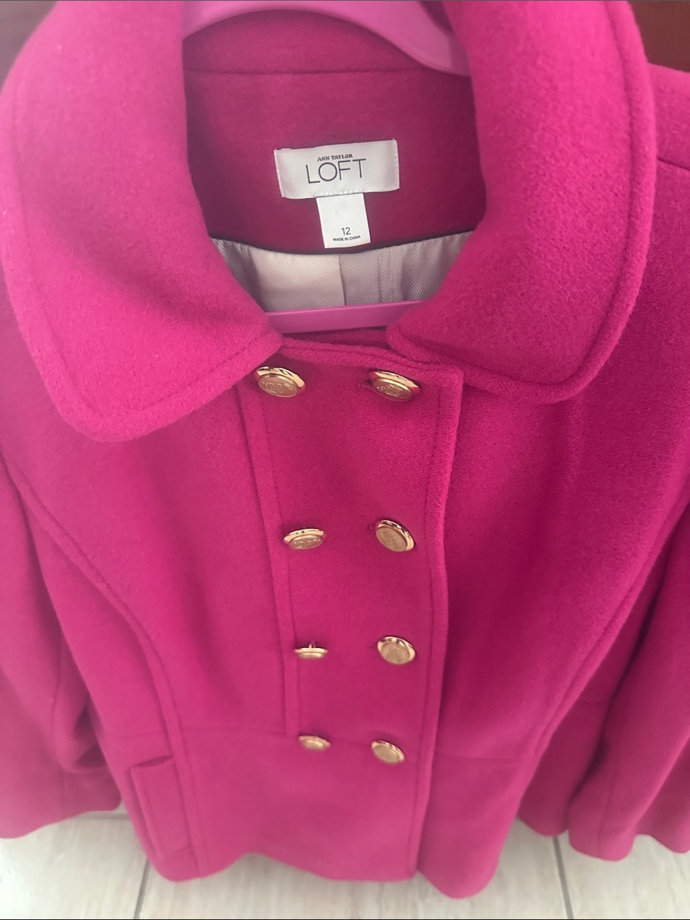 LOFT Women's Pink Double-Breasted Pea Coat with Gold Buttons - Picture 2 of 2